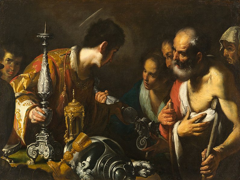 Saint Lawrence Distributing the Treasures of the Church by Bernardo Strozzi. Public Domain image